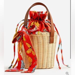 NWT Dauphinette X J.Crew wicker basket bag red blooms rattan great for Easter!